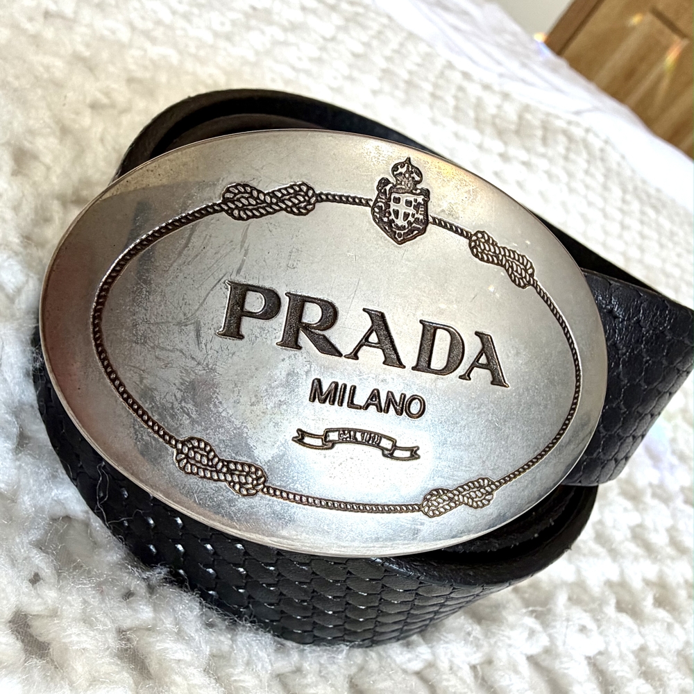 Prada Black Belt with Silver Oval Buckle